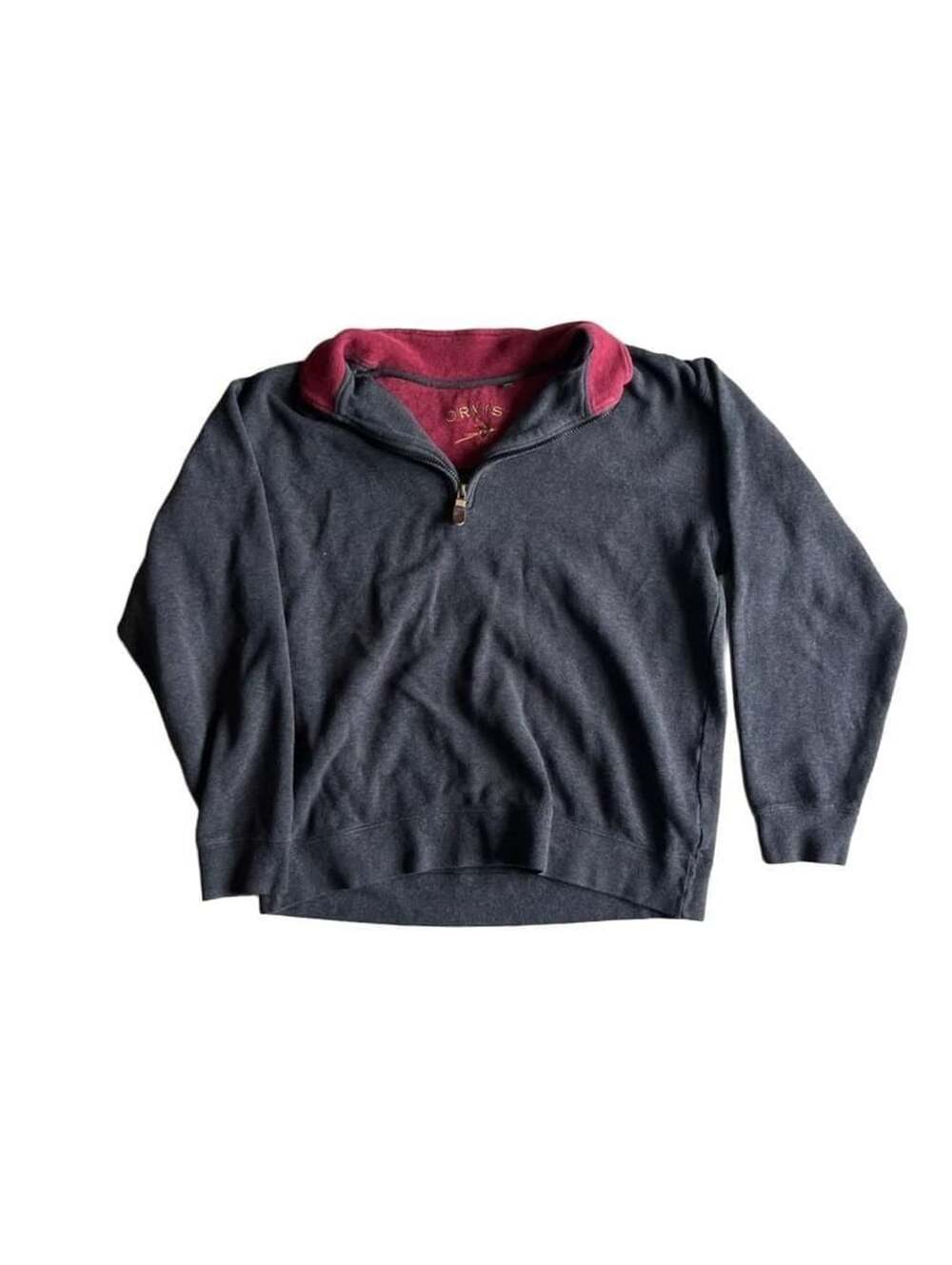 Orvis 1/4 Zip Pullover Sweater Size M Gray Maroon Cotton Quarter Zip
